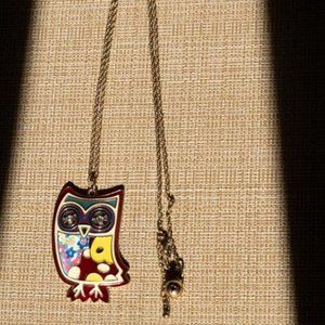 Colorful Owl Pendant on Long Dark Gold Chain Necklace